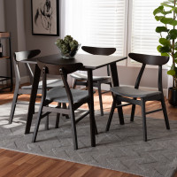 Baxton Studio Fiesta-Smoke/Coffee Oak-5PC Dining Set Britte Mid-Century Modern Light Grey Fabric Upholstered Dark Oak Brown Finished 5-Piece Wood Dining Set